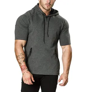 Logotipo personalizado liso sólido 100% algodão orgânico leve metade curto manga raglan pullover oversize hoodie homens