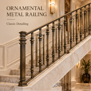 Rampe d'escalier classique en métal bronze foncé avec balustres décoratifs carrés pour villas, hôtels et intérieurs élégants - Product Image 1