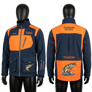 Mens fishing softshell <b>jacket</b> 320 GSM polyester spandex <b>waterproof</b> navy <b>grey</b> panel design embroidered logo custom outdoor wear - Product Image 3