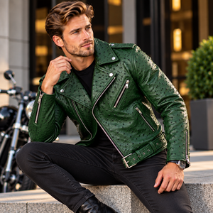 <b>Men's</b> Green Ostrich Embossed Leather Biker <b>Jacket</b>/ <b>Motorcycle</b> Moto <b>Jacket</b> Asymmetrical Zipper Luxury Leather Outerwear <b>for</b> <b>Men</b> - Product Image 4