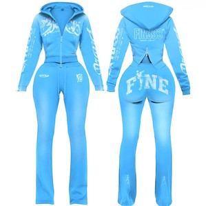 2026 Women's Casual Acid Wash Sweat Suit Two Piece <b>Set</b> Zip Hoodie Pants Custom Distressed Applique <b>Embroidery</b> Breathable Vintage - Product Image 4