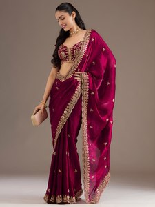 Sari de satén de seda color rojo vino con bordado floral de zari dorado pesado y blusa a juego, largo hasta el suelo, ajuste regular. - Product Image 4