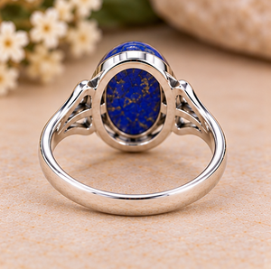 Bague en argent avec cabochon ovale en lapis-lazuli, pierre précieuse bleu roi et bijoux ajourés élégants de créateur - Product Image 3