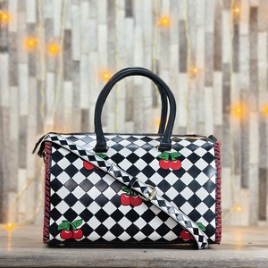 New <b>Top</b> Selling Personalized Black White <b>Checkered</b> Genuine Leather Cherry Design Women Fashion Weekender Duffle High Quality - Product Image 2