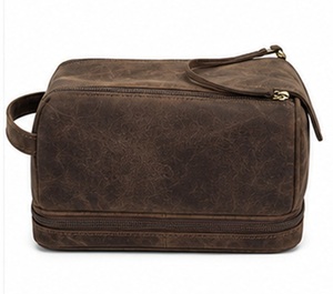 Gravs Premium Genuine Leather Eco-Friendly Waterproof Vintage Soft Handle Large Capacity Travel Dopp Kit Zipper Cosmetic <b>Case</b> - Product Image 3