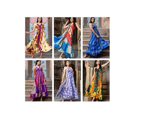 Lot en gros de robes longues bohèmes en soie à col en V et dos nu, style vintage indien, faites à la main, à motif floral, avec pompons, naturelles et lavables - Product Image 1