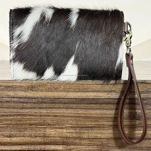 Handmade Tooled Cowhide Leather Wristlet Clutch Western Floral Wallet Turquoise Concho Hair On Hide Purse Trending Designer <b>Bag</b> - Product Image 5