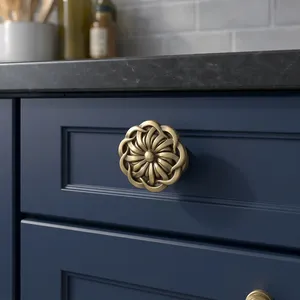 Antique Brass Floral Cabinet Knob Decorative Drawer Pull <b>Handle</b> Vintage Furniture Knob for Cabinet Wardrobe <b>Cupboard</b> Dresser - Product Image 2
