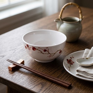 Traditional Asian <b>Melamine</b> Dinnerware Set Flat Plates Pigmented Red Plant Pattern Asian Zen Style Dishwasher Microwave Safe - Product Image 4