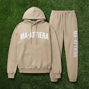 Ensemble survêtement streetwear en coton beige surdimensionné avec sweat à capuche et pantalon large – OEM ODM Vente en gros - Product Image 5
