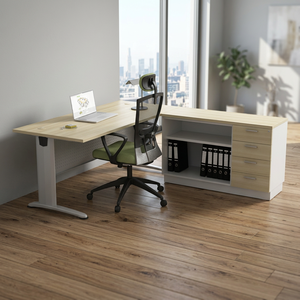 Bureau d'angle moderne et durable avec armoire de rangement, poste de travail informatique autoportant en aggloméré avec plateau en mélamine et tiroir à dossiers, DIY - Product Image 1