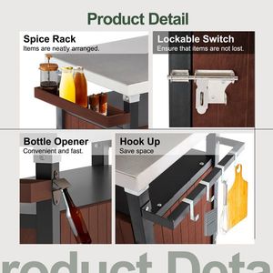 Isole e Carrelli da Cucina per Esterni con Piano in Acciaio Inox, Carrello Grill Impermeabile, Isola Cucina da Patio con Ruote, Ganci e Porta Spezie - Product Image 3