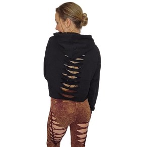 Sweat-shirt asymétrique noir à capuche pour femme avec découpes latérales, manches classiques, couleur unie, tricoté, respirant, pour l'automne - Product Image 2