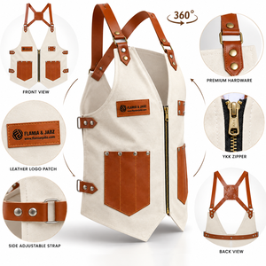 Flamia & Jabz Canvas Bib Apron Vest With Leather Pockets And Zipper Closure For <b>Cooking</b> Workwear - Product Image 5