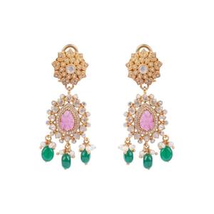 Decorative Pink Gemstone Gajaah 925 Sterling Silver Anika Carved Stone & Emerald <b>Bead</b> Floral Chandeliers Green Pearls Ethnic - Product Image 2