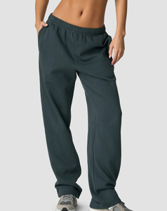 Pantalon de survêtement en molleton vert foncé pour femme, taille mi-haute élastique, coupe ample, longueur intégrale, couleur unie, style décontracté automne - Product Image 1