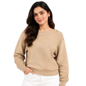Suéter de Punto Color Camel Beige para Mujer, Cuello Asimétrico, Detalle de Botón Dorado en el Hombro, Manga Larga, Elegante, Informal, Jersey de Invierno - Product Image 1