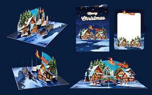 Tarjeta de felicitación navideña emergente en 3D con diseño de cabaña de madera, árboles y renos en la escena del trineo de Papá Noel - Product Image 4