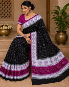 NIRMETRA WSM-129 Exquisito Saree de Algodón y Seda Tejido a Mano, Largo hasta el Suelo, Sin Arrugas, Negro y Morado, con Diseño Geométrico Sambalpuri Ikat de Estilo Templo - Product Image 2