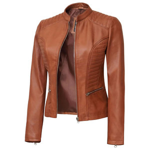 Chaqueta de cuero genuino de vaca para mujer, cuello alto, cremallera, corte ajustado, estilo motero, color marrón - Product Image 6