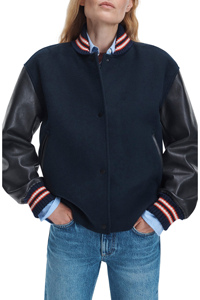 Veste universitaire pour femme bleu marine avec manches en cuir et bordure contrastante, col montant, manches longues, pour l'automne - Product Image 4
