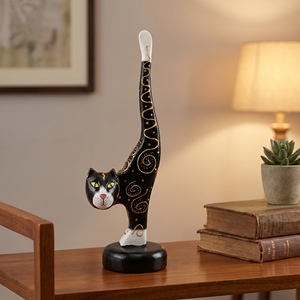 Figurine d'animal en bois d'albizia faite à la main, queue de chat noire avec ornements dorés, artisanat de Bali, décoration d'intérieur, cadeau, sculpture en bois, art - Product Image 2