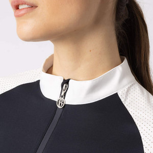 Camisa de equitación azul marino para mujer, manga corta, transpirable, con cremallera, tejido sólido de spandex y poliéster - Product Image 6