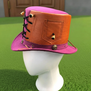 Premium quality custom Handmade Unisex Purple Orange Leather <b>Top</b> Hat Steampunk Lace Up Cosplay Festival Wear - Product Image 4