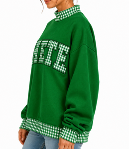 Sweat-shirt à col montant épais pour femme, coupe oversize, patchwork personnalisé à carreaux vichy, style universitaire décontracté - Product Image 2