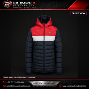 Veste matelassée à capuche color-block personnalisée BLIMPEX pour homme, coupe-vent d'hiver, épaisse, en polyester, décontractée, avec fermeture éclair sur le devant et logo - Product Image 1
