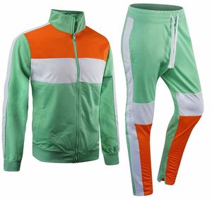 Ensemble de survêtement unisexe vert et orange à blocs de couleur, 100 % coton, à capuche, manches longues, sweat-shirt à cordon de serrage, poches latérales, style sportif décontracté - Product Image 1