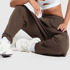 Pantalon de jogging douillet marron chiné pour femmes et hommes, grande taille, anti-plis, en molleton, pour l'hiver et les jours de repos, 100 % coton, taille élastique - Product Image 1