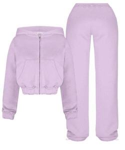 Premium Loungewear Set Women's <b>Cropped</b> <b>Zip</b> <b>Up</b> Hoodie Wide Leg Sweatpants Heavyweight Cotton Fleece Tracksuits Streetwear - Product Image 3