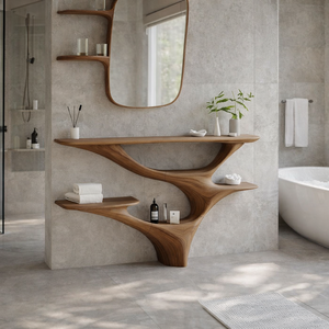 Mueble de Baño Moderno Hecho a Mano con Lavabo de Madera de Nogal con Borde Natural, Espejo y Mesa Consola, Resistente al Agua - Product Image 2