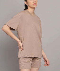 OEM/ODM 100% Cotton Women's 2-Piece Solid Fleece T-Shirt & Biker Shorts <b>Set</b> with Custom 3D Screen Printed Logo Short <b>Set</b> - Product Image 2