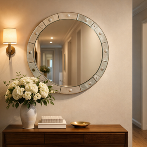 Miroir mural rond moderne avec cadre segmenté et clouté |   Miroir décoratif circulaire de luxe pour la décoration de salon - Product Image 4