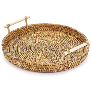 Handcrafted dinner meal <b>servings</b> <b>tray</b> made of rattan top quality natural <b>round</b> wooden buffet <b>tray</b> - Product Image 1