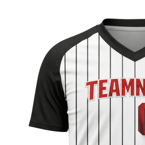 Maillot de baseball personnalisé pour hommes, sublimation, blanc et noir à rayures fines, col en V, uniforme d'équipe, respirant, chemise de sport, prix OEM abordable - Product Image 4