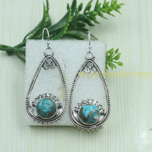 Pendientes Colgantes Hechos a Mano con Turquesa Azul y Cobre, Plata de Ley 925, Estilo Vintage, Joyería Boho para Mujer - Product Image 2