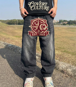 Men's Loose Mid Waist Boyfriend <b>Jeans</b> Breathable Medium Wash Denim Graphic Embroidery Front Logo Spring Summer Autumn Winter - Product Image 4