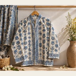 Bohemian Hand Block Printed TNT Jacket <b>Women</b> Indigo <b>Blue</b> Floral Design Cream Base Traditional Indian Ethnic Stylish Casual - Product Image 6