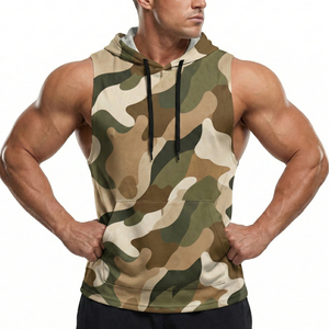 OEM Custom Logo Men's <b>Camo</b> Sleeveless Hoodie Muscle Gym Tank <b>Top</b> Wholesale Fitness Workout Vest Kangaroo Pocket Hooded Tank <b>Tops</b> - Product Image 2
