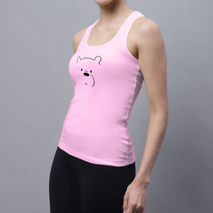 Camiseta sin mangas rosa con estampado de oso de dibujos animados para mujer, cuello redondo, longitud regular, de algodón transpirable, estilo casual, estampado frontal - Product Image 3