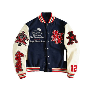 Men's Varsity Jacket Navy Cream Sleeve Letter Embroidery Preppy Style Autumn Wear Polyester Cotton Material - Product Image 1