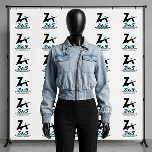Wholesale Factory Price OEM Custom Women Light Blue Denim Jacket Zip Biker Style <b>Elastic</b> Waist Casual Cotton Denim <b>Jeans</b> Jacket - Product Image 1