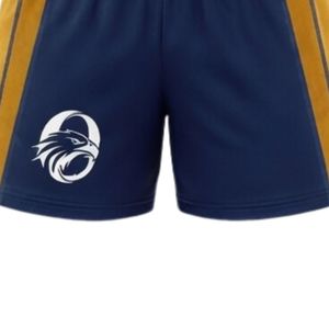 Shorts de netball unisexe bleu marine et or sublimés, en polyester, coupe athlétique, pour matchs d'équipe et entraînements, vêtements de performance sportive - Product Image 6