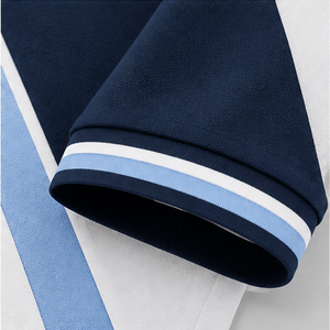 Chemise décontractée pour homme à manches courtes en tricot 100% coton respirant, col boutonné, couleur bleu marine et blanc - Product Image 5