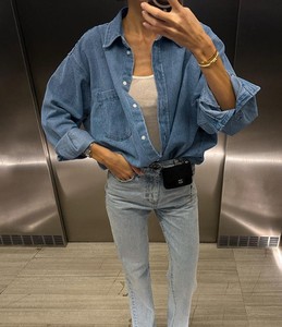 Women's <b>Denim</b> Button Down Shirt Long Sleeve Loose Fit Solid Color Casual Blouse Twill Fabric Full Sleeve Woven <b>Material</b> - Product Image 5