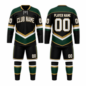 Ensemble de maillots de hockey personnalisés MEGAMAPLE, vêtements de sport pour hommes, noir, bleu, blanc, impression par transfert thermique, chauffe-mains, toutes saisons - Product Image 1