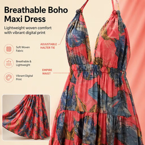 Robe longue d'été bohème à imprimé floral, col halter, coupe ample à volants, pour femme, tenue décontractée de plage - Product Image 1